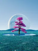 Digitale kunstafbeelding van een roze bloesemboom op een eilandje voor een grote volle maan.