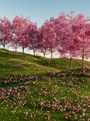 Roze bloesembomen op een heuvel met een tapijt van roze bloemen