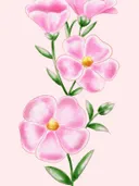 Aquarelillustratie van roze bloemen met groene stengels en bladeren.