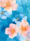 Roze, perzik en blauwe bloesems met gouden accenten tegen een blauwe achtergrond