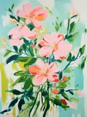 Schilderij van roze bloesems op turquoise achtergrond