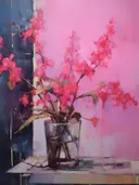 Expressionistisch stilleven van roze bloementakken in een glas water tegen een roze achtergrond.