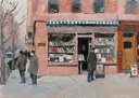 Schilderij van een roze boekenwinkel met etalage en twee wandelaars op straat