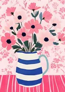 Schilderij van roze bloemen in een blauw-witte gestreepte kan