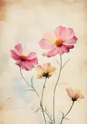 Schilderij van roze bloemen op vintage papier