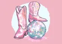 Pop-art tekening van roze cowboylaarzen op een discobal tegen een roze achtergrond