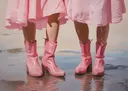 Schilderij van benen in roze cowboylaarzen met roze rokjes op een nat strand
