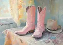 Olieverfachtig stilleven van roze cowboylaarzen en een hoed bij een raam