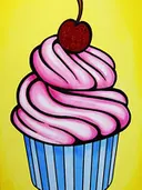 Pop-art illustratie van een roze cupcake met een kers