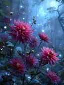Roze dahlia's in het blauwe bos, botanisch schilderij