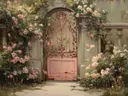 Roze deur omrankt met rozen, botanisch schilderij