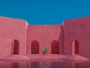 Roze architecturaal bouwwerk met boogvormige deuren en een cactus in het midden.