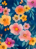 Roze, gele en oranje bloemen met bladeren tegen een marineblauwe achtergrond