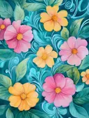 Schilderij van roze en gele bloemen met groene bladeren op een turquoise sierlijke achtergrond