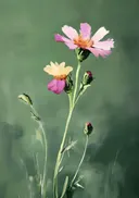 Schilderij van roze en gele veldbloemen