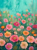 Roze, magenta en oranje bloemen dicht bijeen tegen een turquoise achtergrond