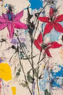 Schilderij van magenta en rode stervormige bloemen op lichte achtergrond met blauwe accenten