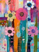 Roze en witte bloemkoppen in collage, botanisch schilderij
