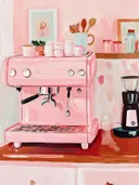 Schilderij van een roze espressomachine met mokken en houten lepels in de keuken.