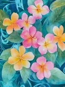 Roze, oranje en gele frangipani bloemen op een donkergroene achtergrond met bladpatroon