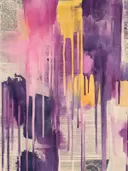 Abstract schilderij met roze en gele verfdruipers over een krantencollage achtergrond