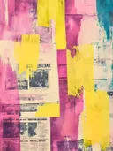Collage schilderij met roze en gele verfvlakken over zwart-wit krantenfoto's