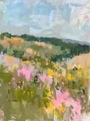 Roze-gele bloemenweide schilderij, glooiend landschap met wilde bloemen