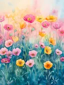 Aquarel klaprozenveld in roze en geel tegen een blauw-roze achtergrond