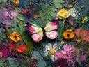 Schilderij van een roze-gele vlinder met fijne vleugeltekening tussen groen blad
