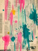 Abstract schilderij met roze, gele en mintgroene verfdruppels op krantenpapier