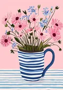 Schilderij van roze gerbera's in een gestreepte mok