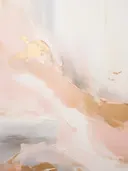 Abstract schilderij met zwevende roze en gouden vormen op lichte achtergrond.