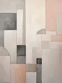 Abstracte compositie met roze en grijze rechthoekige vlakken en een gebogen vorm.