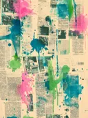 Collage schilderij met roze en groene verfspatten over zwart-wit krantenfoto's