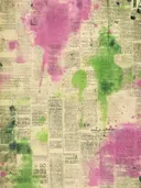 Abstract schilderij met roze en groene verfspetters op een krantenpapier achtergrond