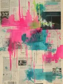 Abstract schilderij met roze en groene verfvlekken over een vintage krantencollage