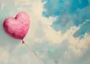 Schilderij van een roze hartballon aan een touwtje tegen een blauwe bewolkte lucht