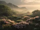 Schilderij van een mistige bergvallei met roze heidestruiken