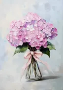 Schilderij van roze hortensia's in een vaas