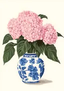 Schilderij van roze hortensia in een vaas