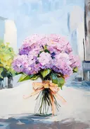 Schilderij van roze hortensia's met stadsgezicht