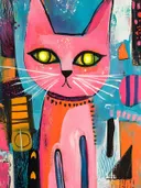 Roze kat met gloeiende geelgroene ogen tegen een blauw-oranje achtergrond