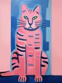 Geschilderd portret van een roze gestreepte kat tegen een blauwe achtergrond