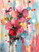 Aquarel kersenbloesems in roze en rood met kleurrijke stippen op de achtergrond