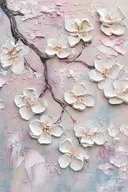 Witte kersenbloesems aan een tak met reliëf-textuur op pastelkleurige achtergrond