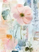 Aquarel van een roze klaproos tussen wilde veldbloemen