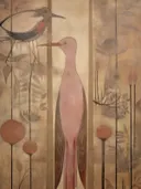 Gestileerde vogelillustratie met roze kraanvogelachtige vogel en grijze vogel in bruine botanische tinten