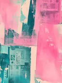 Abstract schilderij met roze verfvlakken over krantenpapier met teal accent