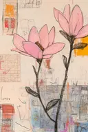 Schilderij van twee geschetste roze lotusbloemen op een papierachtige collage-achtergrond