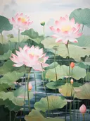 Roze lotusbloemen in bloei boven het water tussen groene bladeren.